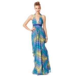 BCBGMaxAzria Silk Chiffon Gown in Metallic Bright Chambray, Sz 8